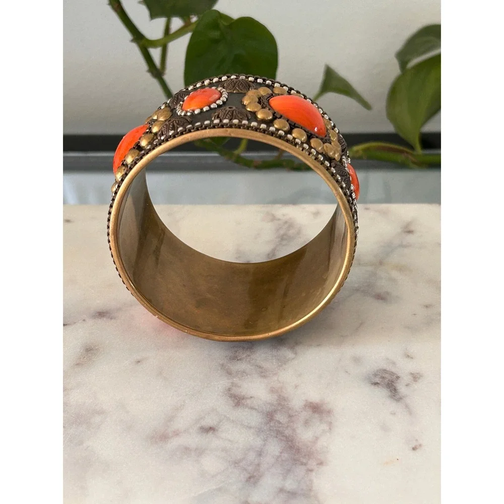 Vintage Boho Wide Cuff Bangle Bracelet Orange Cabochon Brass Tone Studded Ethnic